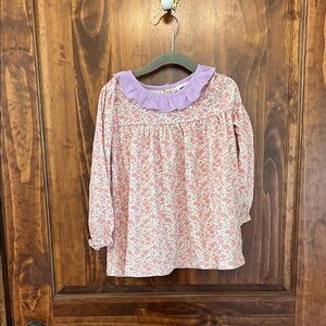 Girls' Pink Floral Long-Sleeve Top with Lilac Ruffle Collar